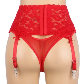 Red Lace Metal Clips Garter Panty - Red - S/M