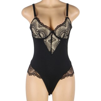 Black Lace Patchwork Suspender Bodysuit - Black - S/M