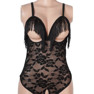Black Lace Tassel Halter Neck Cutout Bodysuit - Black - M