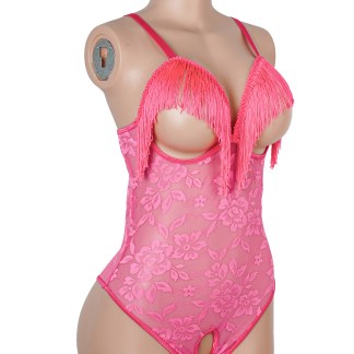 Rose Lace Tassel Halter Neck Cutout Bodysuit - Rose - M