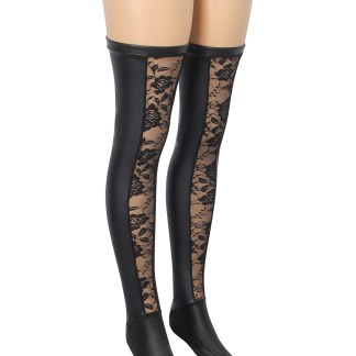 Black PU Leather Lace Stockings - Black - XS-M