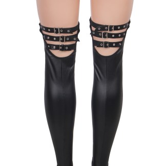 Black PU Leather Stockings With Adjustable Buckles - Black - XS-M