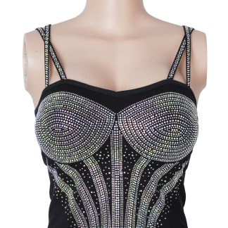 Black Rhinestone Double Straps Short Camisole - Black - M