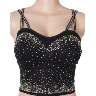 Black Rhinestone Double Straps Short Camisole - Black - M